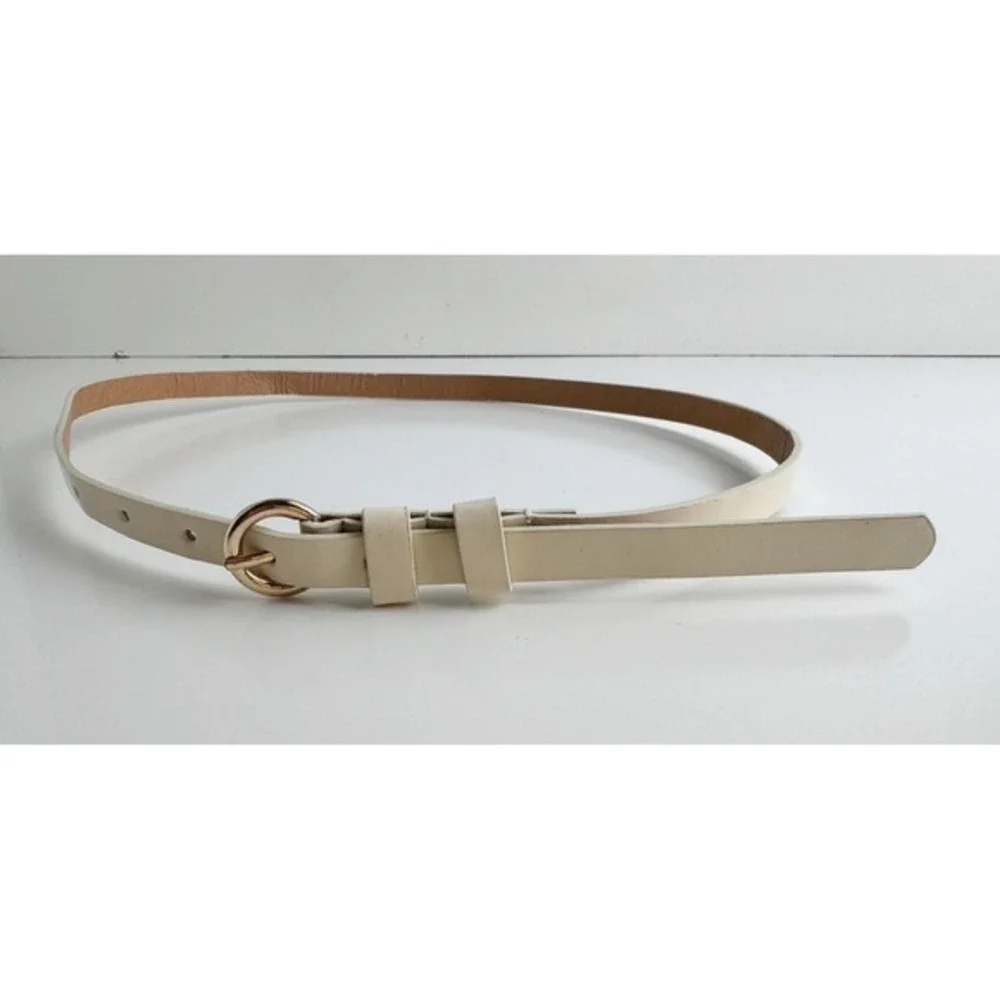 Womens‎ Skinny Cream Faux Leather Belt Gold Round Buckle Off White Cinch Belt